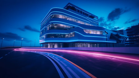 Motion curvy urban road with motion blur tail light and modern building. Created with Generative AI technologyの素材
