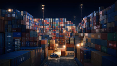 Stack of Containers Cargo Ship Import and Export in Harbor Port, Business Commercial Dock and Transportation. Created with Generative AI technologyの素材