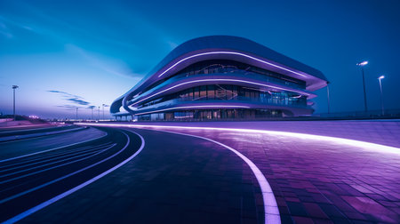 Motion curvy urban road with motion blur tail light and modern building. Created with Generative AI technologyの素材