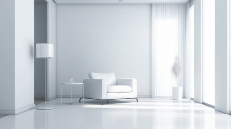 White minimalist interior design with lounge chairs. Created with Generative AI technologyの素材