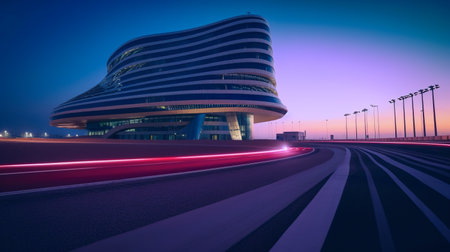 Motion curvy urban road with motion blur tail light and modern building. Created with Generative AI technologyの素材