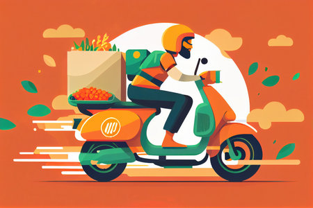 Cute delivery staff riding a courier illustration imageの素材