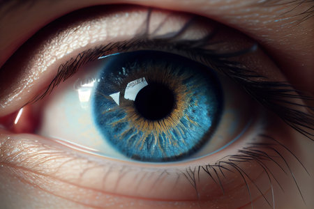 Female blue eye realistic beautiful closeup zoom. Created with Generative AI technologyの素材