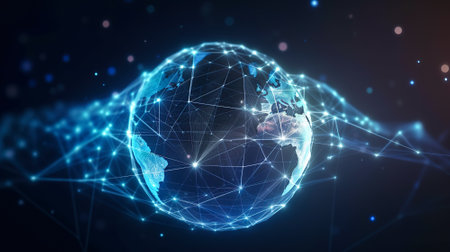 Global world network and telecommunications on earth illustration. Created with Generative AI technologyの素材