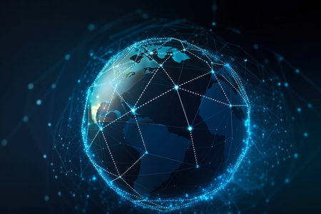 Global world network and telecommunications on earth illustration. Created with Generative AI technologyの素材
