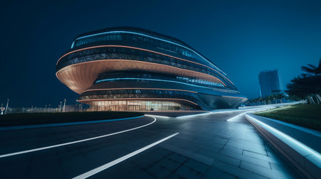 Motion curvy urban road with motion blur tail light and modern building. Created with Generative AI technologyの素材