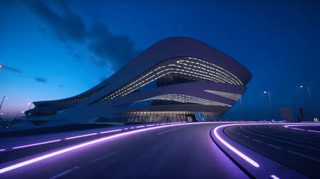 Motion curvy urban road with motion blur tail light and modern building. Created with Generative AI technologyの素材