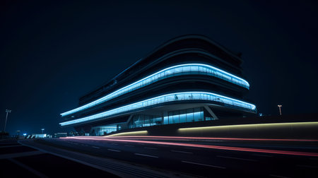 Motion curvy urban road with motion blur tail light and modern building. Created with Generative AI technologyの素材
