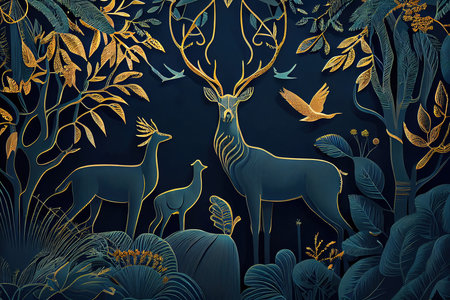 Noble blue gold illustration deer in the woods. Created with Generative AI technologyの素材