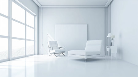 White minimalist interior design with lounge chairs. Created with Generative AI technologyの素材