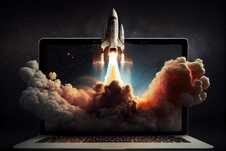 Launching space rocket from laptop screen. Created with Generative AI technologyの素材