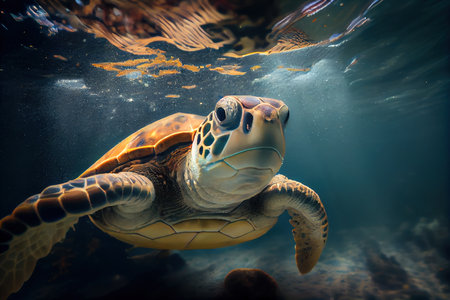 Sea turtle swimming underwater. Created with Generative AI technologyの素材