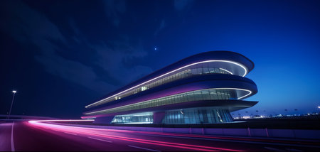 Motion curvy urban road with motion blur tail light and modern building. Created with Generative AI technologyの素材