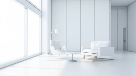 White minimalist interior design with lounge chairs. Created with Generative AI technologyの素材