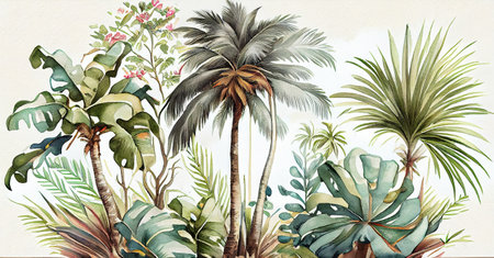 Tropical green plant and vegetation watercolor illustrationの素材