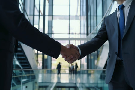 Close-up shot of shaking hands. Created with Generative AI technologyの素材