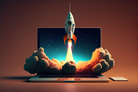 Launching space rocket from laptop screen. Created with Generative AI technologyの素材