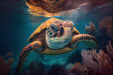 Sea turtle swimming underwater. Created with Generative AI technologyの素材