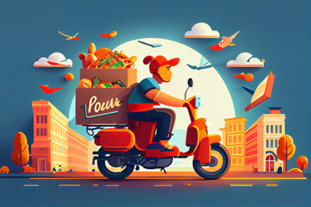 Cute delivery staff riding a courier illustration imageの素材
