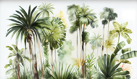 Tropical green plant and vegetation watercolor illustrationの素材