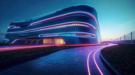 Motion curvy urban road with motion blur tail light and modern building. Created with Generative AI technologyの素材