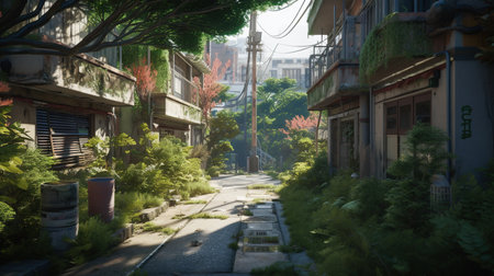 Green garden house concept illustration. Created with Generative AI technologyの素材