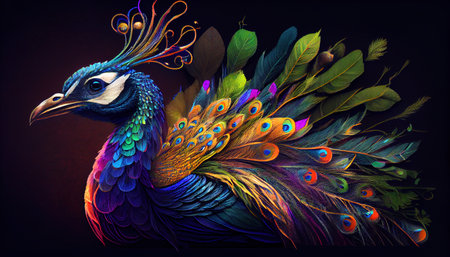 Peacock with rainbow colors. Created with Generative AI technologyの素材