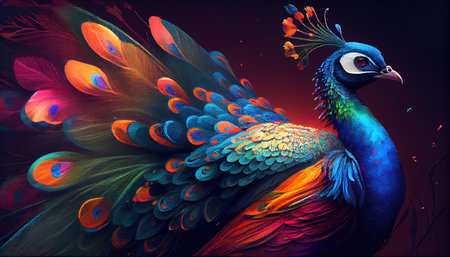 Peacock with rainbow colors. Created with Generative AI technologyの素材