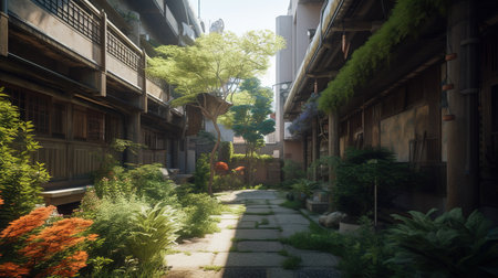 Green garden house concept illustration. Created with Generative AI technologyの素材