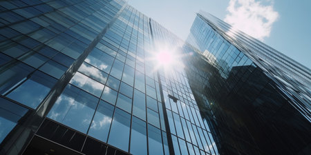 Skyscraper with glass facades on a bright sunny day. Created with Generative AI technologyの素材