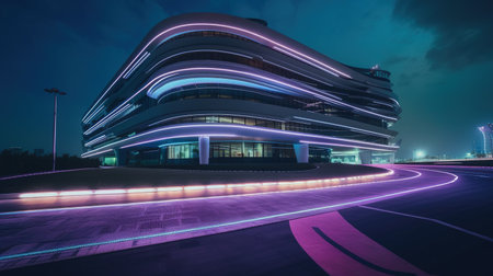 Motion curvy urban road with motion blur tail light and modern building. Created with Generative AI technologyの素材
