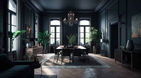 Contemporary victorian style living room dining. Created with Generative AI technologyの素材