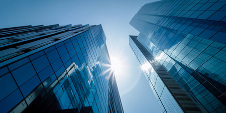 Skyscraper with glass facades on a bright sunny day. Created with Generative AI technologyの素材