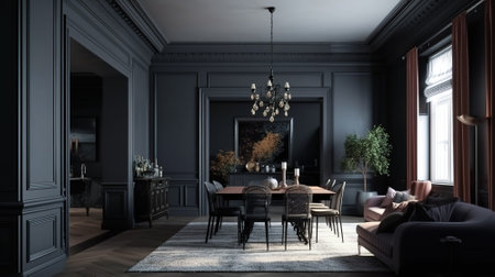 Contemporary victorian style living room dining. Created with Generative AI technologyの素材