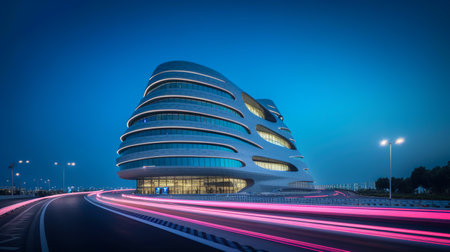 Motion curvy urban road with motion blur tail light and modern building. Created with Generative AI technologyの素材