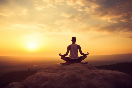 Man in yoga pose meditation at sunsetの素材