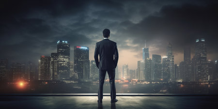 Business man standing in front of cityの素材