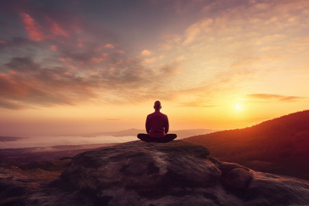 Man in yoga pose meditation at sunsetの素材