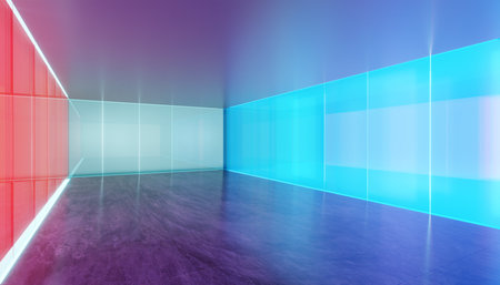 Empty modern multiple purpose room space with colored gradient transparent glass wall. 3D realistic renderingの写真素材