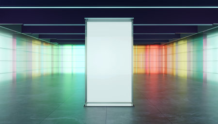 Multiple purpose room space with colored gradient transparent glass wall and luminous glass billboard. 3D realistic renderingの写真素材