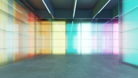 Beautiful translucent colorful glass wall interior design space. 3D realistic rendering.の写真素材
