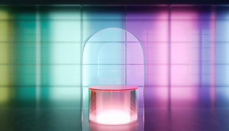 Colored gradient transparent glass wall and glass material arch door and cylinder pedestal podium. Scene For product showcase. 3D renderingの写真素材