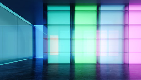 Multiple purpose room space with colored gradient transparent glass wall and luminous glass billboard. 3D realistic renderingの写真素材