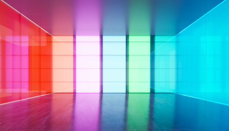 Empty modern multiple purpose room space with colored gradient transparent glass wall. 3D realistic renderingの写真素材