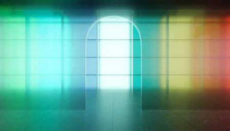 Multiple purpose room space with colored gradient transparent glass wall and glass material arch door. Scene For product display. 3D renderingの写真素材
