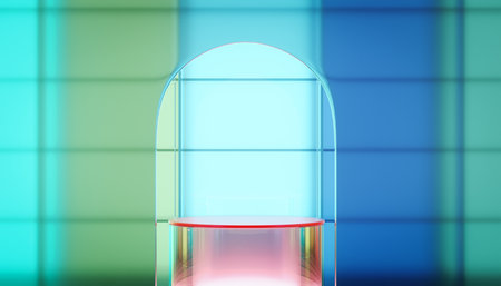 Colored gradient transparent glass wall and glass material arch door and cylinder pedestal podium. Scene For product showcase. 3D renderingの写真素材