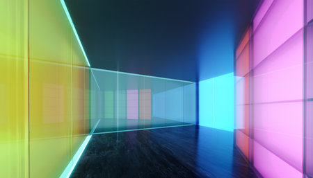 Empty modern multiple purpose room space with colored gradient transparent glass wall. 3D realistic renderingの写真素材