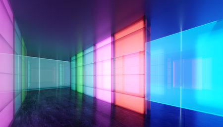 Multiple purpose room space with colored gradient transparent glass wall and luminous glass billboard. 3D realistic renderingの写真素材