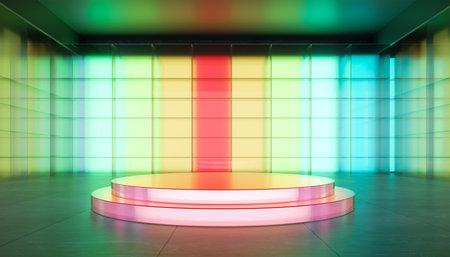 Colored gradient transparent glass wall and glass material round stage. Scene For product showcase. 3D renderingの写真素材