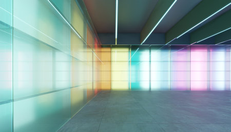 Empty modern multiple purpose room space with colored gradient transparent glass wall. 3D realistic renderingの写真素材